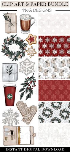 the christmas clip art and paper bundle includes coffee, cookies, holly branches, snowflakes