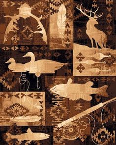 an image of birds and deers in native style designs on black fabric with brown background