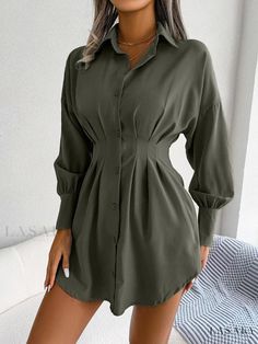 Lasaky - Asymmetric Waist Cinched Lantern Sleeve Shirt Dress Short Shirt Dress, Pleated Shirt Dress, Dress Asymmetrical, Asymmetric Dress, Pleated Shirt, Lantern Sleeve Dress, Jumpsuit Outfit, Dress Shirt Sleeves, Summer Dress Outfits