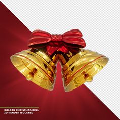 two golden bells with red bows on them