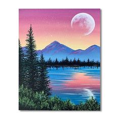 an acrylic painting of mountains, trees and water at night with the moon in the sky