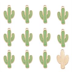 green and gold cactus charms on a white background with clippings in the shape of a cactus