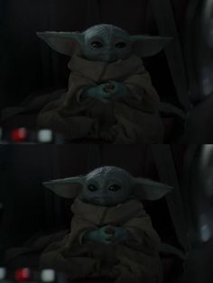 the child yoda from star wars is shown in two different pictures, one with blue eyes