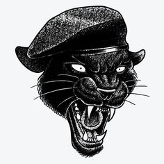 a black and white drawing of a cat wearing a hat with it's mouth open