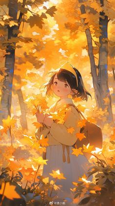 a girl standing in the woods surrounded by yellow leaves and looking up into the sky