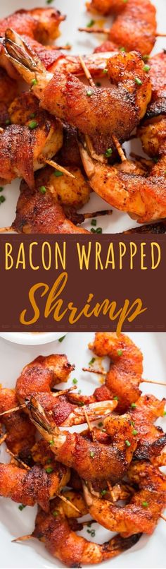 bacon wrapped shrimp is served on a white plate