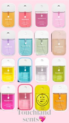 an assortment of different colored air fresheners on a pink background with the words touch and smell written below them