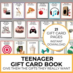 the gift card book for teenagers with pictures of different items on it and text that reads,