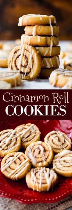 cinnamon roll cookies on a red plate with the words cinnamon roll cookies in front of them