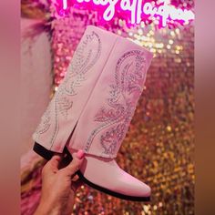 New From Boutique! Usually Retails For $90 But Purchased During A Christmas In July Sale. Pink Glitter Cowgirl Boots, Sparkly Cowgirl Boots, Pink Rhinestone Boots, Pink Western Boots With Snip Toe, Sparkly Cowgirl, White High Heel Boots, Ponk Cowgirl Boots, Pink Western Ankle-high Boots, Sorel Boots Womens