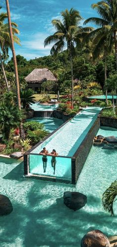 people are swimming in the pool surrounded by palm trees and water features that look like they're floating