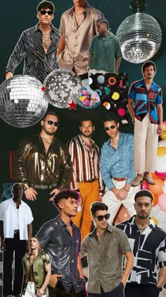 a collage of men with disco balls, sunglasses and other things in the background