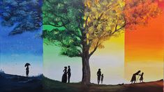 a painting of people standing under a tree with rainbows in the sky behind them