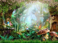 an image of a fantasy forest scene with mushrooms and fairy houses in the middle of it