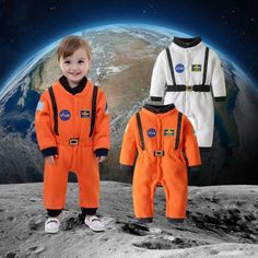 two children's space suits on the moon with earth in the background and one child wearing an orange astronaut suit