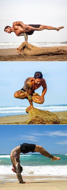 three different images of a man doing yoga on the beach