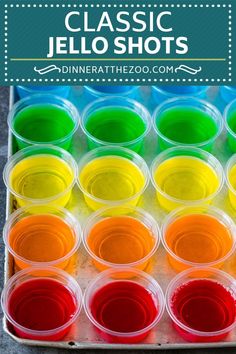 a tray filled with colorful jello shots and the words, classic jello shots