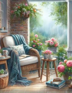 a painting of a living room filled with furniture and flowers next to a brick wall