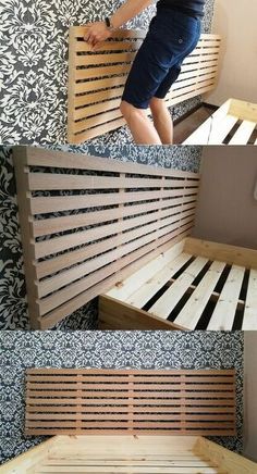 two pictures show the process of making a bed with slatted headboard and foot board