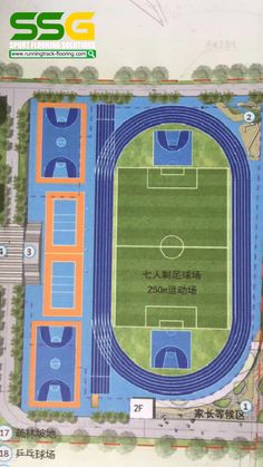 an aerial view of a soccer field with blue and orange markings