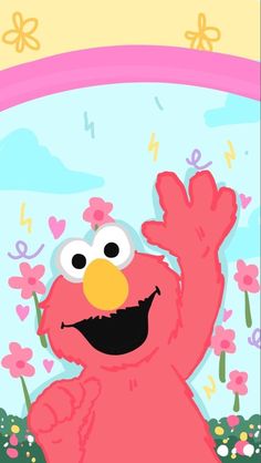 the sesame character is waving at someone in front of flowers and butterfly shapes with his hand up