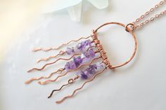 A gem of the sea, the jellyfish is the inspiration for this playful but ornate and beautiful pendant design.  The Jellyfish pendant necklace is made of genuine hammered copper and accented with amethyst crystals. The pendant comes on a sturdy copper chain with custom extension chain that allows for an adjustment of length between 15.5 and 17.5 inches. Please contact me directly if you require a custom length chain. Copper stimulates energy flow in your body and enhances the healing properties of other stones and metals when worn together. Known as a great conductor of energy in both a physical and divine sense. AMETHYST TRUST * INTUITION * SPIRITUALITY Follow us on Instagram for sale announcements, new designs and more! @crowandcloverco Tag us at #crowandcloverco 100% handmade in Norwich, Trust Intuition, Jellyfish Jewelry, Ocean Pendant, Jellyfish Pendant, Amethyst Crystals, Energy Flow, Copper Chain, Hammered Copper, Crystal Necklaces