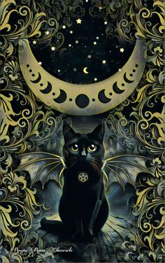 a black cat sitting in front of a crescent with stars and the moon behind it