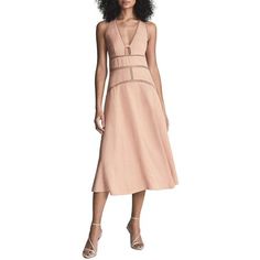 Manufacturer: Reiss Style Type: Midi Dress Collection: Reiss Sleeve Length: Sleeveless Material: 85% Viscose/15% Linen Fabric Type: Linen Specialty: Embroidered Sku: BH5927894 Size: 2.  Color: Pink.  Gender: female.  Age Group: adult. Reiss Women, Embroidered Patterns, Pink Dress Casual, Ribbed Sweater Dress, Embroidered Midi Dress, Fashion Organization, Sandal Heels, Midi Sheath Dress, Intricate Embroidery