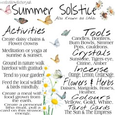 the summer solstice poster with flowers and butterflies