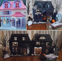 three different pictures of halloween houses and decorations