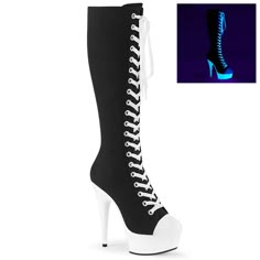 6" High Heel, 1 3/4" Platform Lace Up Knee High Canvas Sneaker Boots. Uv Blacklight Reactive Bottom, Outsole And Toplift. Back Zipper Closure. Styles: Party Dancer Clubbing Dance Gogo Iled-2000sk-02 Knee High Sneakers, White Platforms, Sneaker High Heels, Platforms Shoes, Pole Dance Shoes, Alternative Shoes, High Heel Stiefel, Festival Shoes, Pleaser Shoes