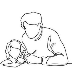 a person sitting at a table with a pen and paper in front of them, one continuous line drawing