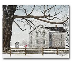 a white house sitting on top of a snow covered field next to a large tree