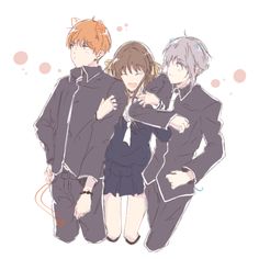 three anime characters standing next to each other with their arms around one another's shoulders