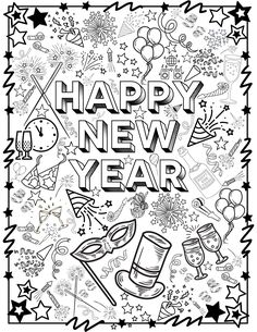 happy new year coloring pages for adults and kids with the words happy new year on it