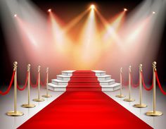 a red carpet with stairs and rope barriers in front of spotlights