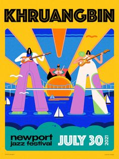 an advertisement for the newport jazz festival featuring two men playing instruments and singing on stage