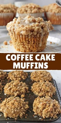 coffee cake muffins on a cooling rack with the words coffee cake muffins above them