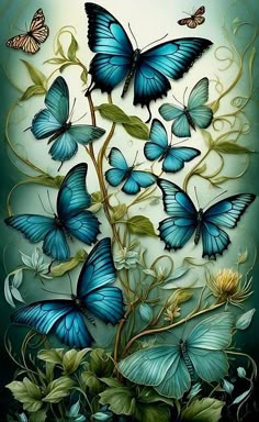 blue butterflies are flying in the air above green leaves and flowers, while another butterfly is sitting on top of it