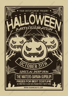 halloween party flyer with pumpkins and spider web on the front, in black and white