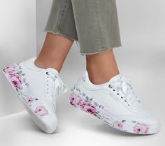 Step out in signature comfort with the stylish Skechers Cordova Classic - Painted Florals. This lace-up casual sneaker design features a synthetic duraleather upper with a floral print midsole and a cushioned Skechers Air-Cooled Memory Foam insole. | Skechers Women's Cordova Classic - Painted Florals Sneaker | Medium Width | Skechers Air-Cooled Memory Foam comfort insole | Synthetic duraleather upper with a lace-up front | Shock-absorbing midsole | Flexible traction outsole | 1 1/4-inch heel hei Sketchers Shoes For Women, Sneakers For Dresses, Shoes Painting, Jen Stark, Cinderella Moments, Painted Florals, Shoe Decorations, Painted Sneakers, Sneaker Design