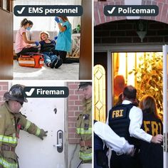 four pictures show firemen entering and exiting the building