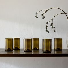 five vases are lined up on a shelf next to a glass vase with flowers in it