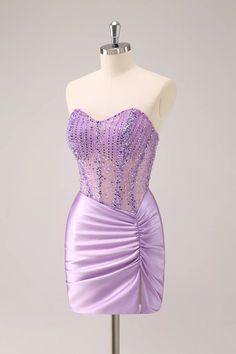 Amzcw Sparkly Lilac Bodycon Strapless Sequins Ruched Short Homecoming Dress with Beading Light Purple Hoco Dresses Short, Light Purple Hoco Dresses, Lilac Homecoming Dress, Purple Hoco Dresses, Hoco Court, Homecoming Dresses Corset, Hoco 2024, Tight Homecoming Dress, Strapless Homecoming Dresses