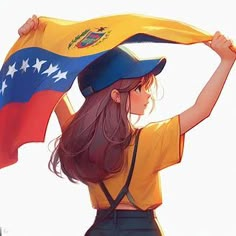 a woman holding a flag in front of her head and wearing a baseball cap on top of her head