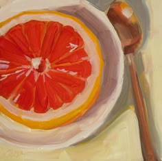 a painting of a grapefruit on a plate with a spoon