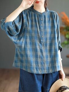 Women Retro Plaid Button Batwing Sleeve Cotton Shirt Silk Dress Short, Plaid Sleeve, Collar Pattern, T Shirt Vest, Batwing Sleeve, Sleeve Designs, Half Sleeve, Plus Size Tops, Plaid Pattern