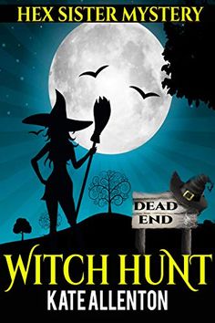 a book cover with a witch holding a broom and standing in front of a full moon