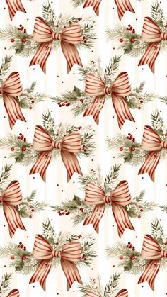 a christmas pattern with bows and pine branches on a striped background, which is seamless