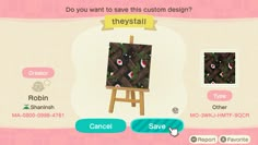 an animal crossing game with the caption do you want to save this custom design?